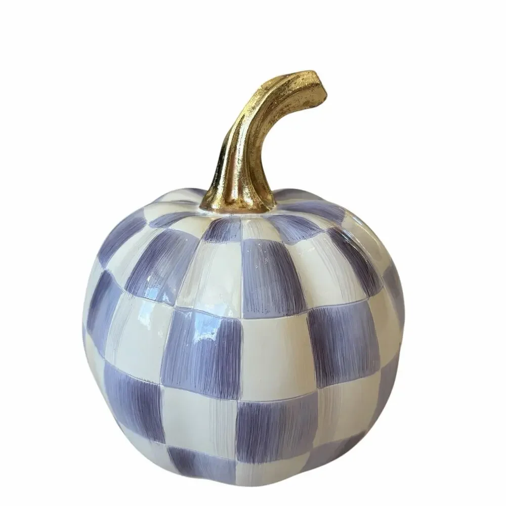 NEW MacKenzie-Childs Classic Violet Check Mini Pumpkin Set of 2 in Original Box
